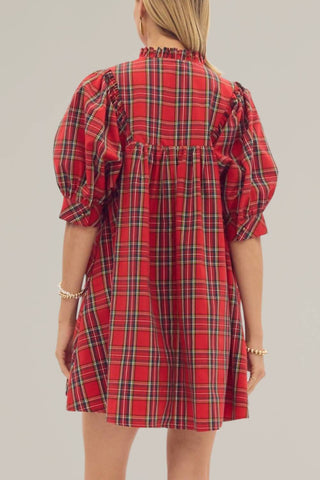 Entro - Plaid Puff Sleeve Holiday Dress