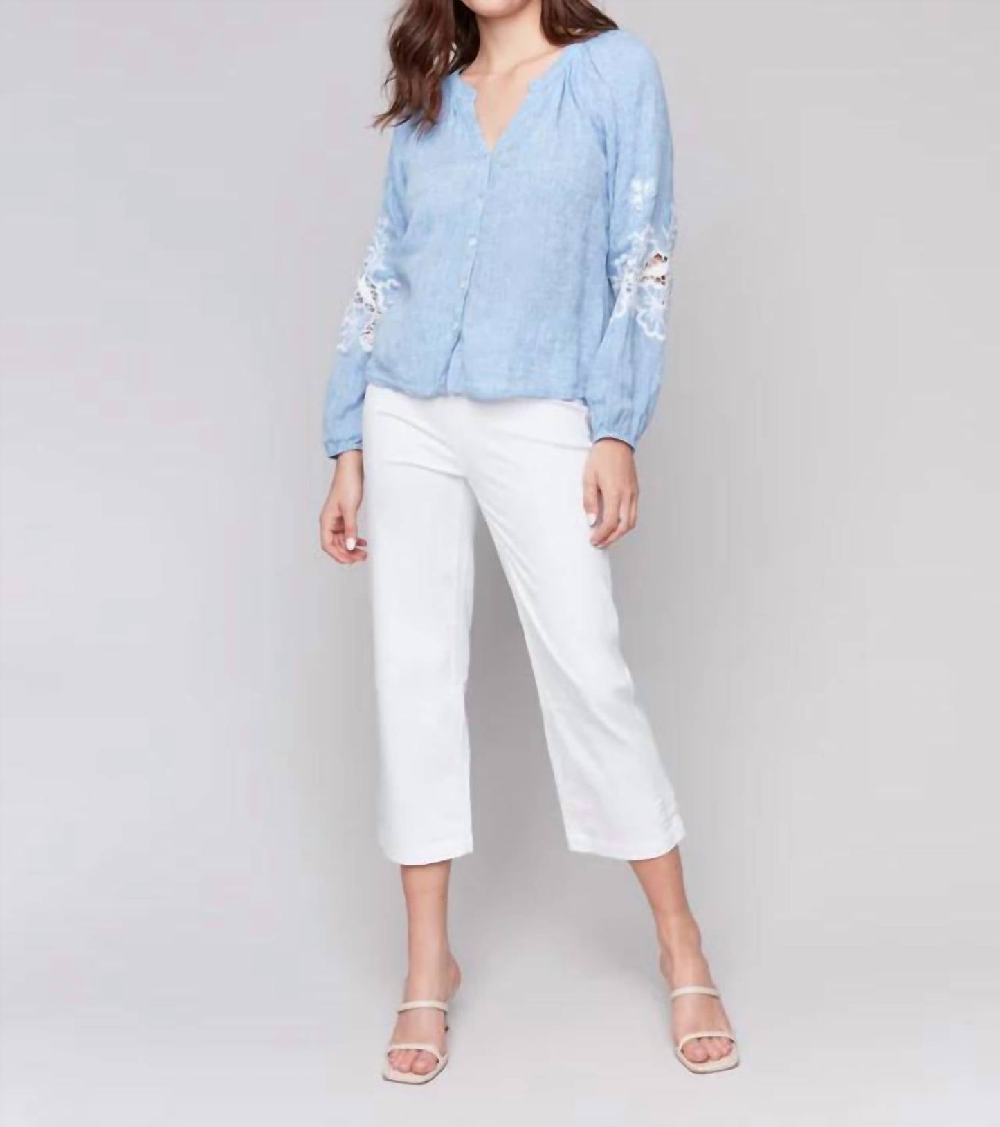Charlie B - Cotton-linen Button-front Blouse With Embroidery