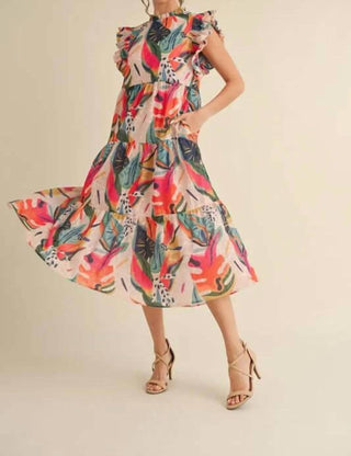 Jodifl - Tropical Print Ruffle Sleeve Midi Dress