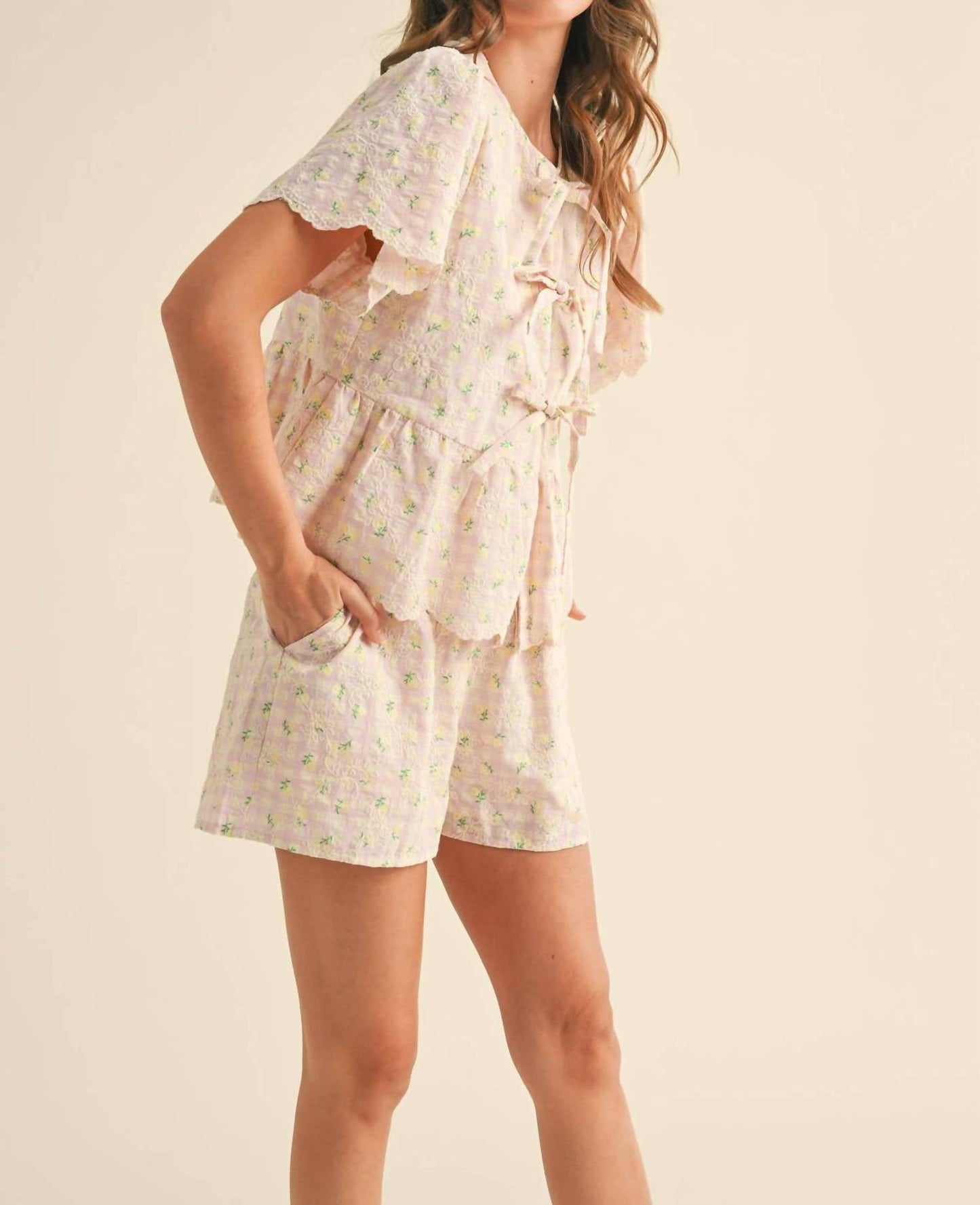 &Merci - Embroidered Floral Gingham Top And Shorts Set
