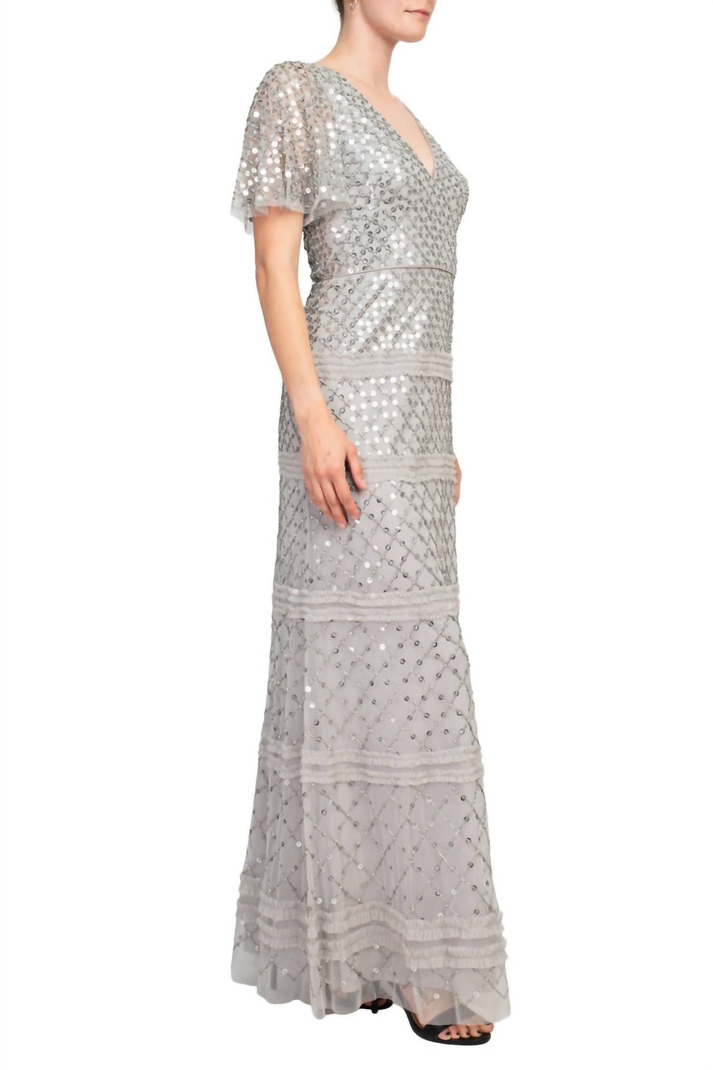 Aidan Mattox - V-neck Sequined Piping Detail Mesh Gown