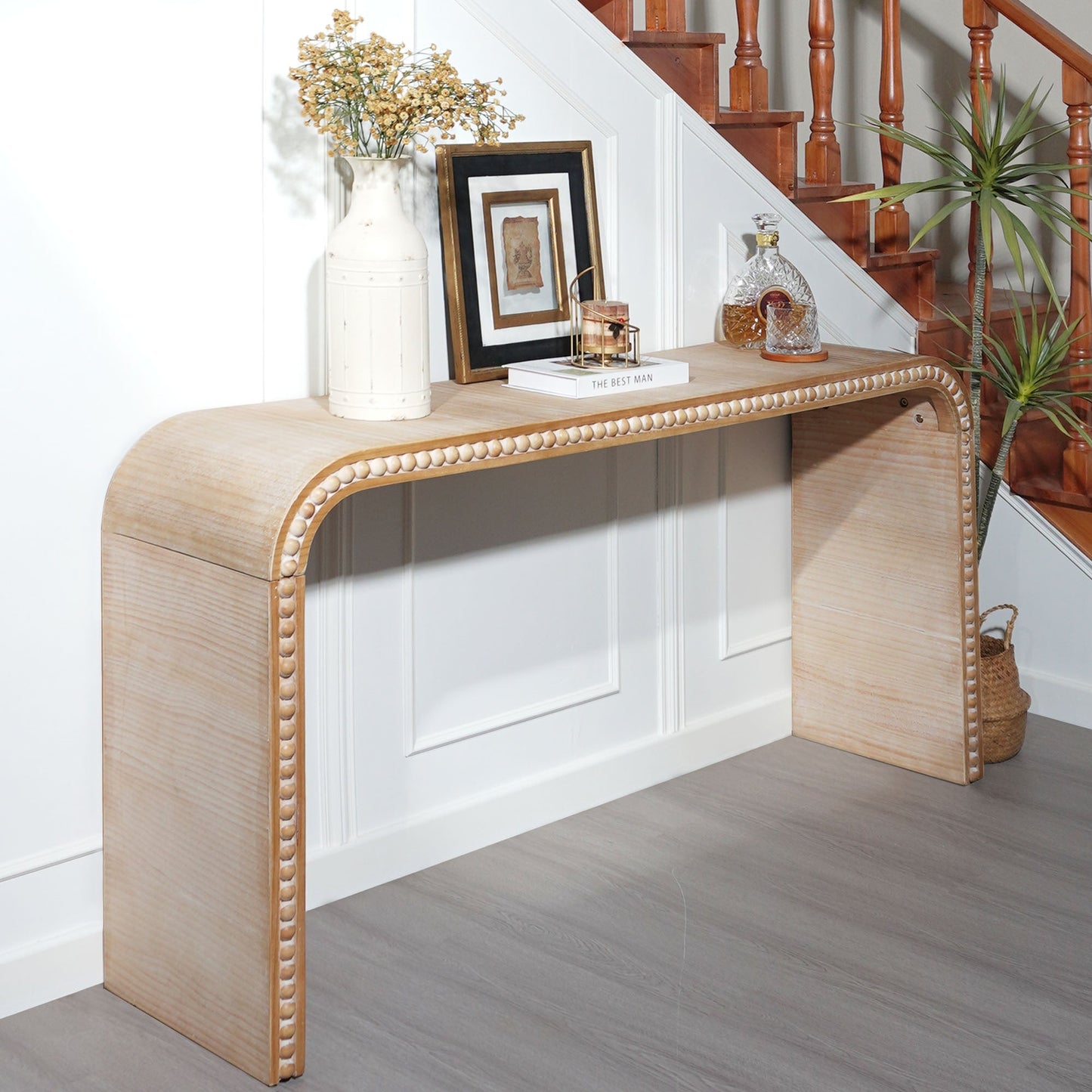 59in Console Table with Wood Beads and Curved Waterfall-Style Frame
