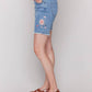Charlie B - Embroidered Fringed Hem Denim Shorts