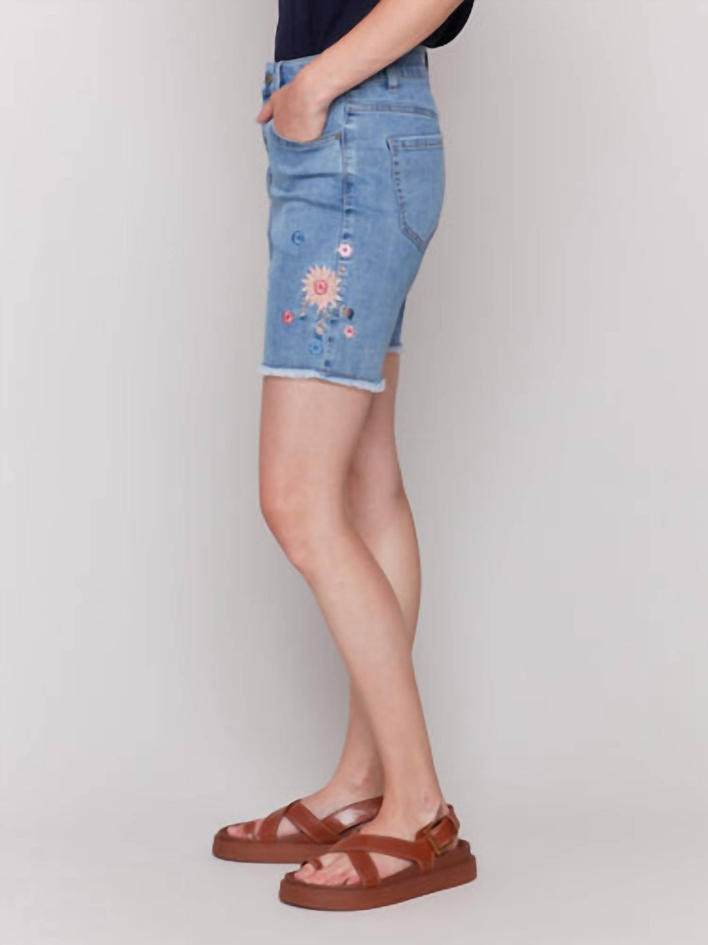 Charlie B - Embroidered Fringed Hem Denim Shorts