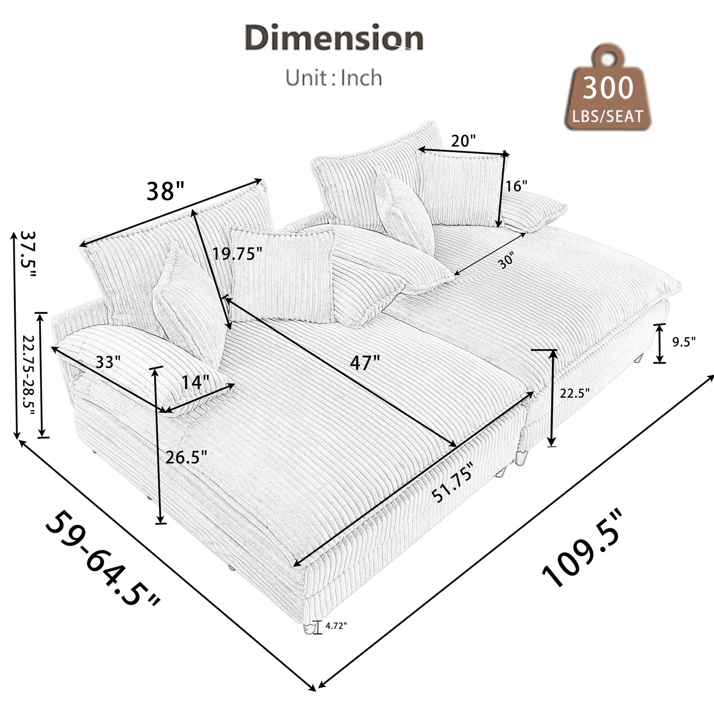 109" W Oversized Double Lounge Chaise Sofa