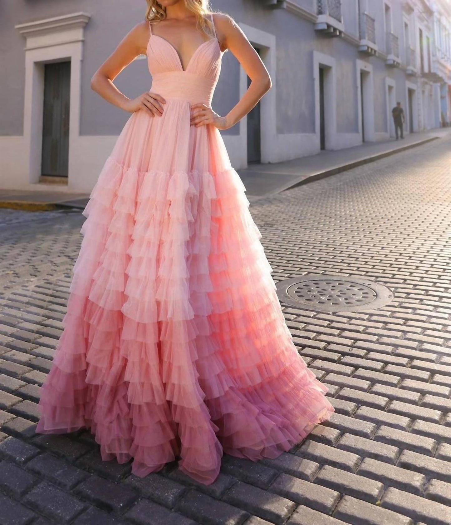 Nox Anabel - Spaghetti Strap Ruffled gown with a slit