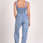 Elan - Smocking And Tie Waist Denim Jumpsuit