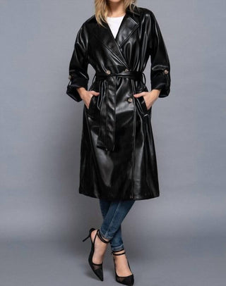 Active Usa - Double Breasted Faux Leather Trench Coat