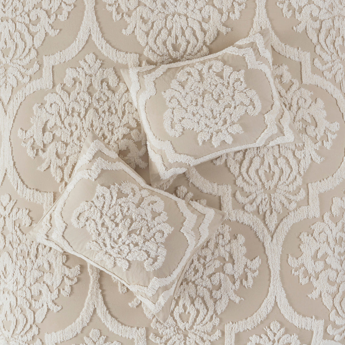 3 Piece Tufted Cotton Chenille Damask Comforter Set Taupe King/Cal King