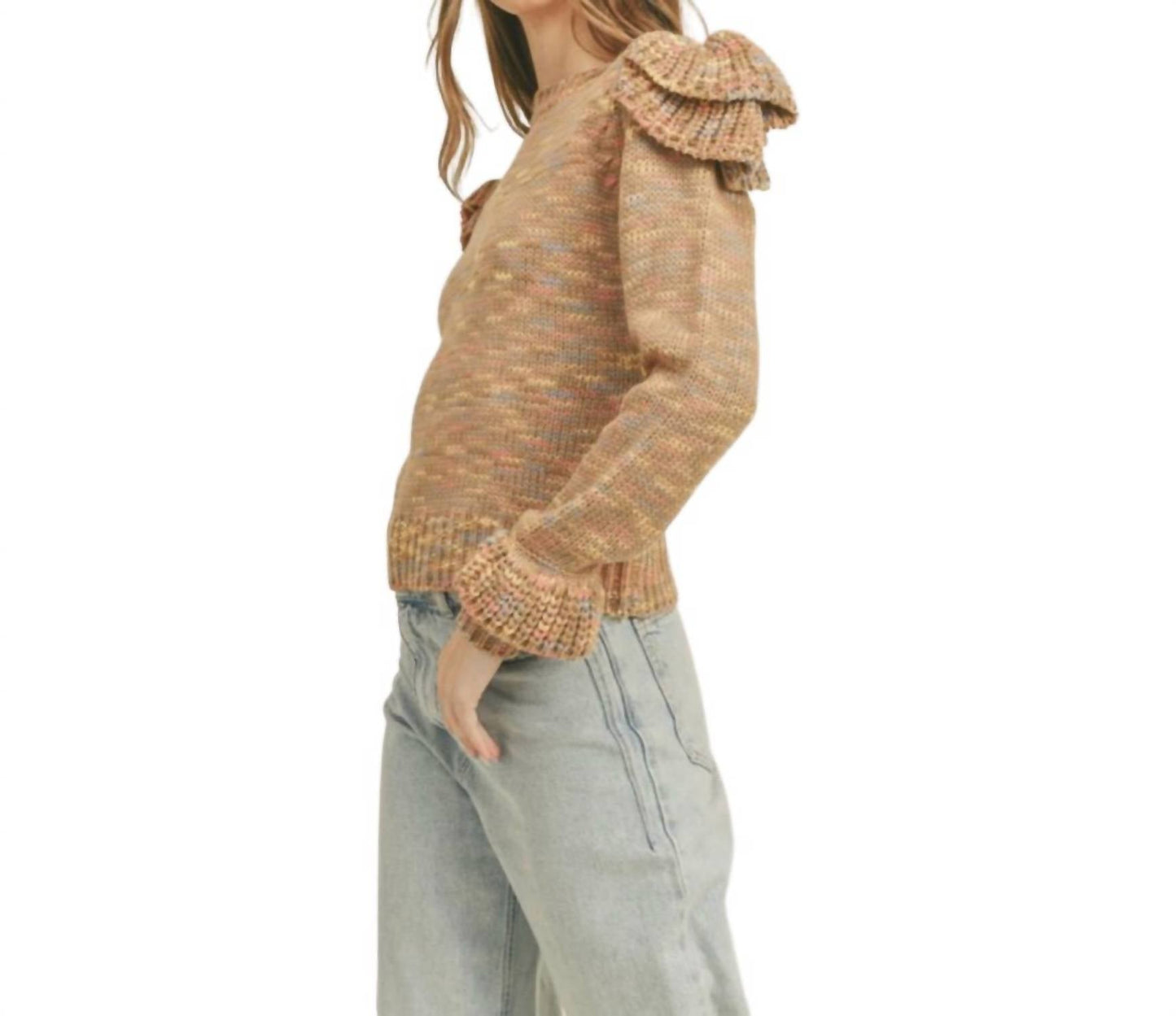&Merci - Ruffled Shoulder Mix Knit Sweater