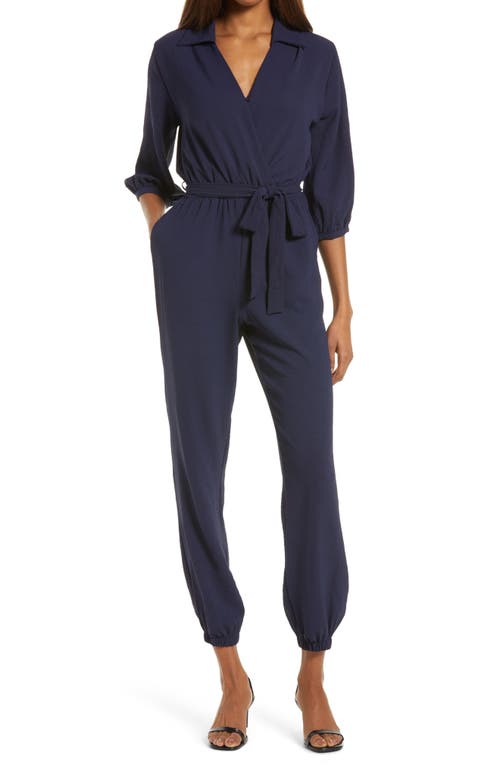 Fraiche by J Tie Waist Long Sleeve Jumpsuit in Navy, Size Large