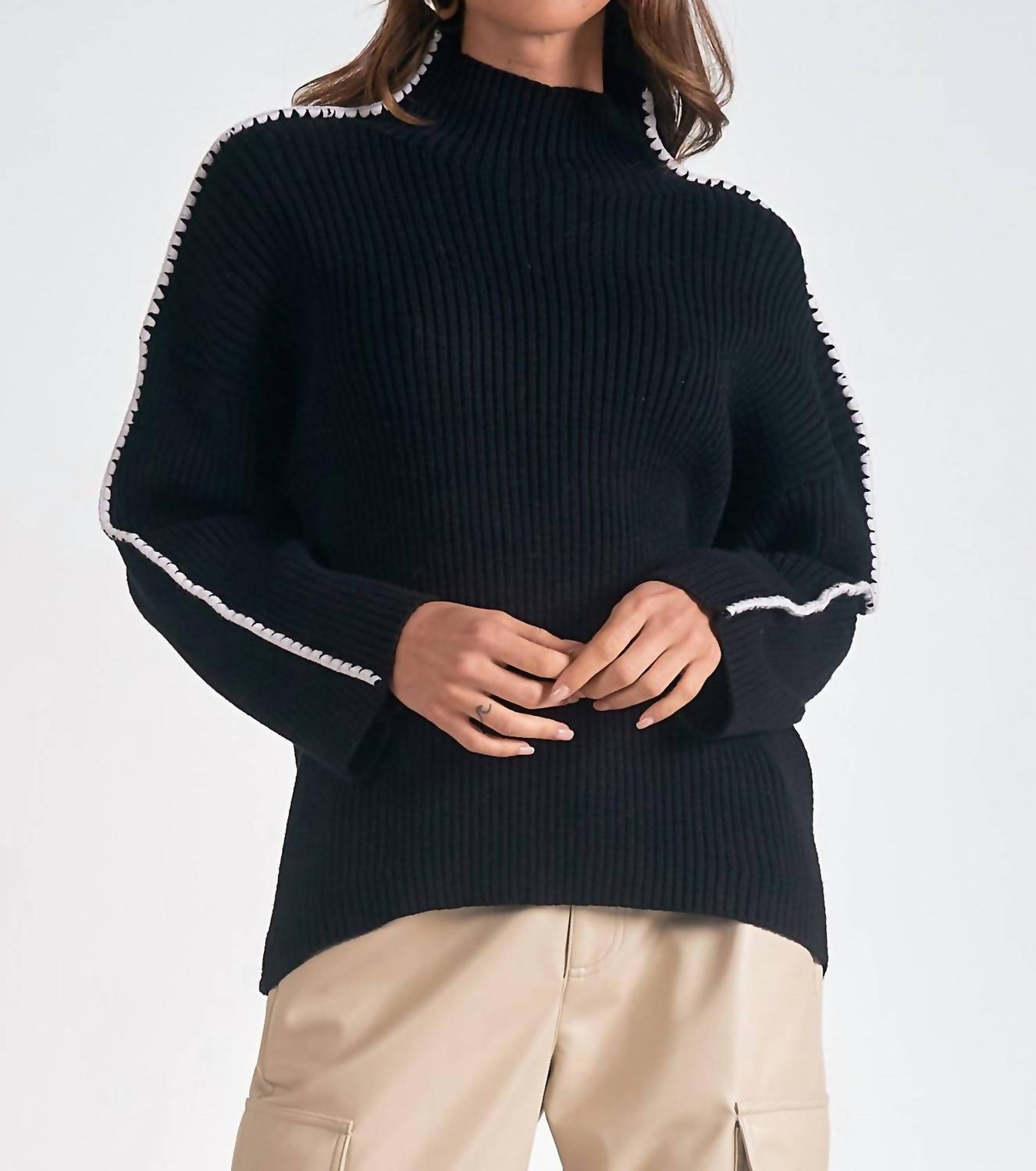 Elan - Whipstitch Sleeve High Neck Sweater