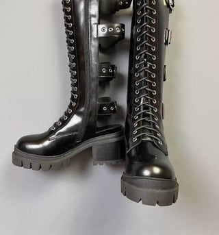 Jeffrey Campbell - Women's Tank Girl Back Buckle Cut Out Lace Up Chunky Heeled Boot Combat