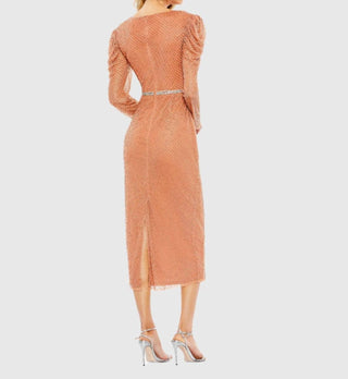 Mac Duggal - Beaded Wrap Over Puff Sleeve Dress