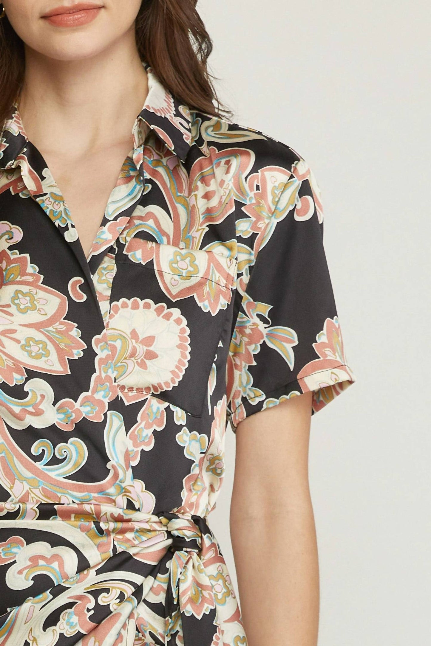 Entro - Satin Paisley Short Faux Wrap Dress