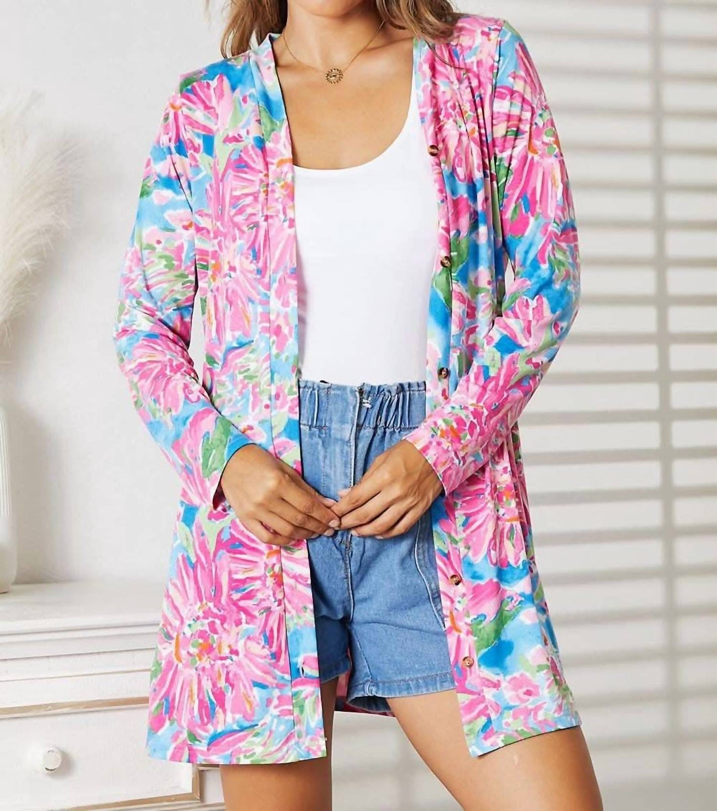 Double Take - Floral Open Front Cardigan