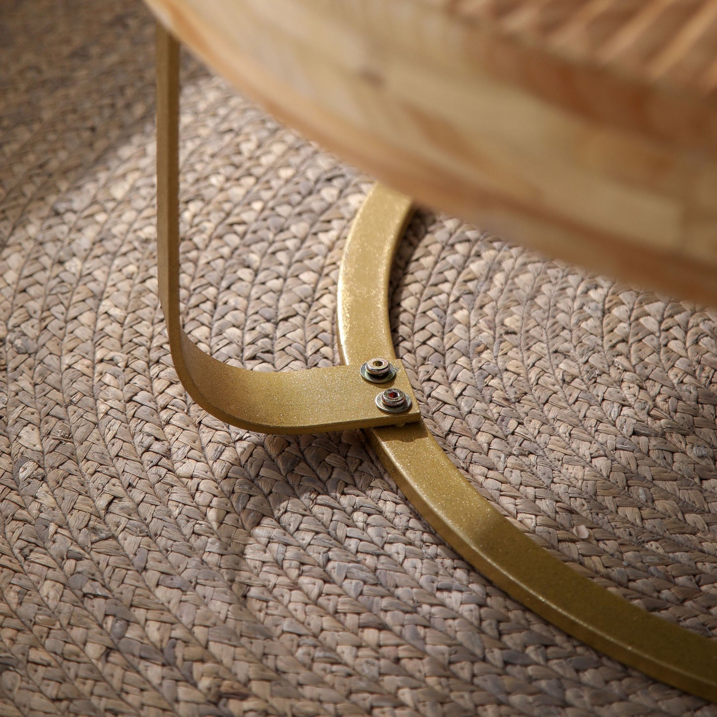 Modern Round Coffee Table with Wooden Carving Pattern and Metal Legs