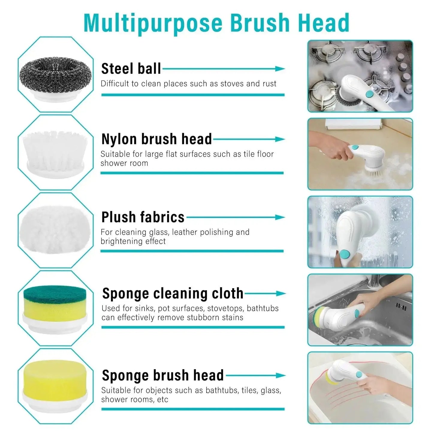 Electric Cleaning Brush Cordless Scrubber with 5 Heads