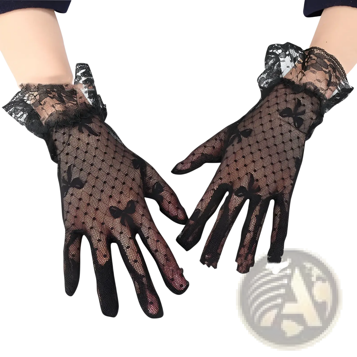 Elegant Black Floral Lace Ruffled Bow Gloves