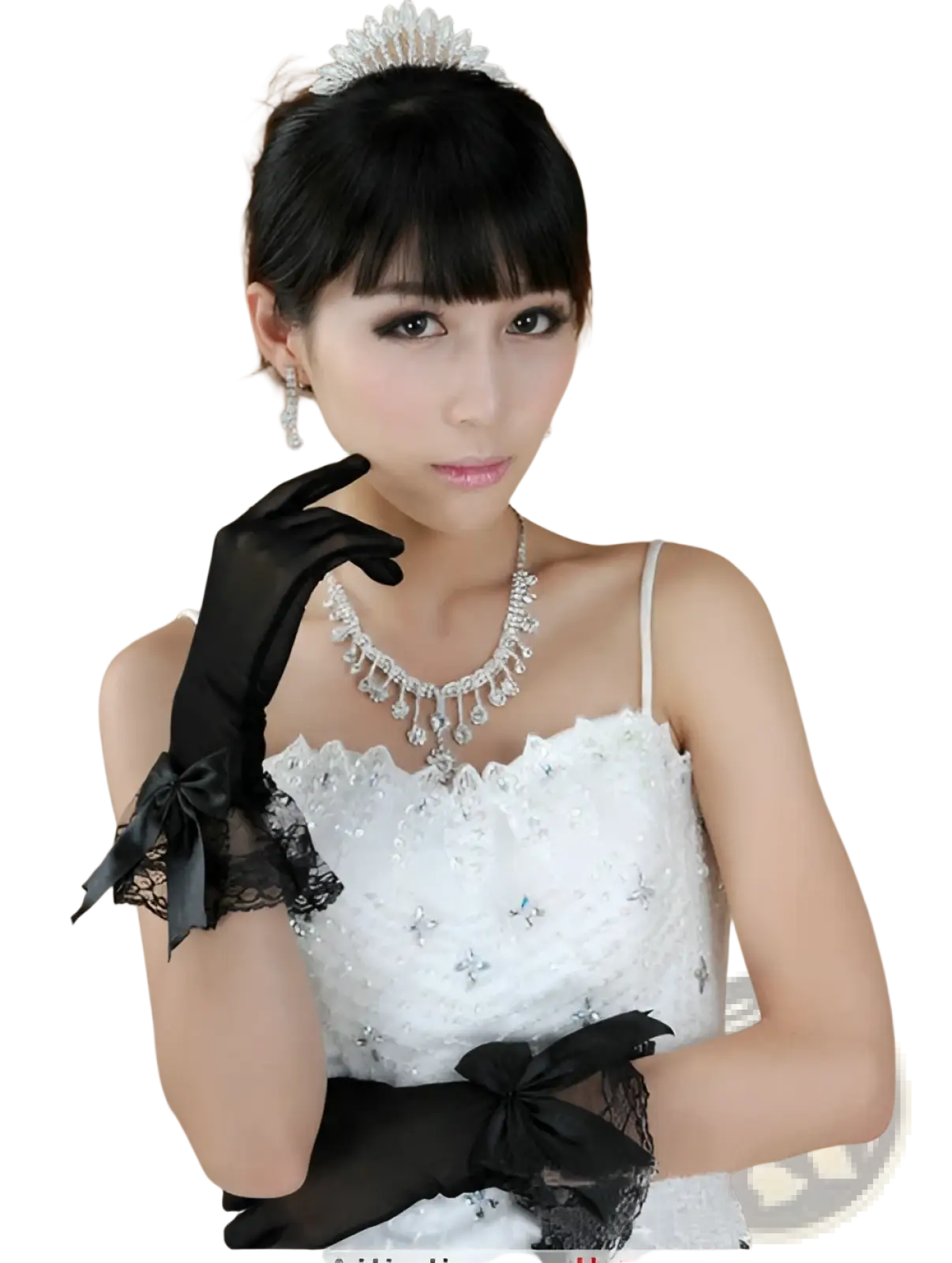 Elegant Black Lace and Satin Bow Evening Gloves