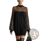 Elegant Black Mesh Patchwork Long Sleeve Mini Dress