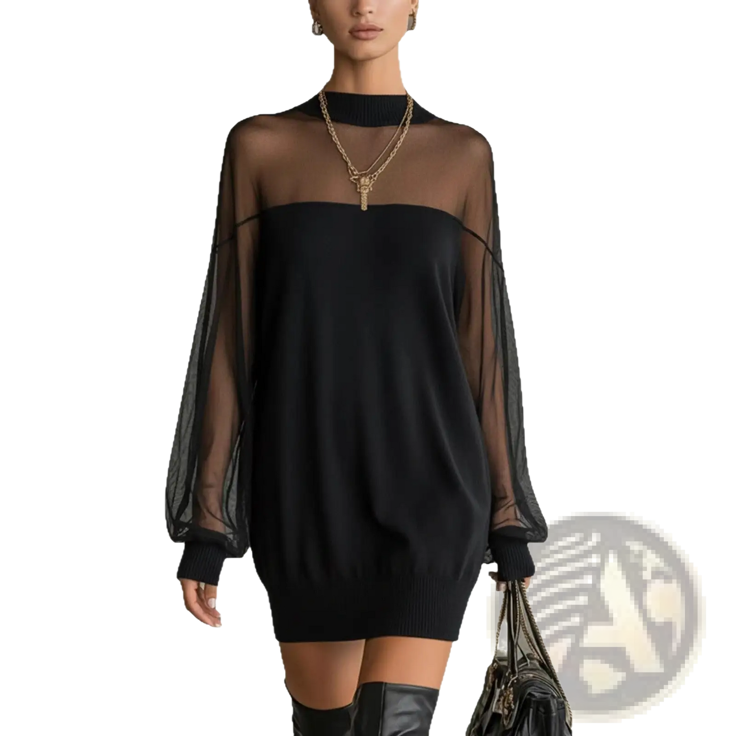 Elegant Black Mesh Patchwork Long Sleeve Mini Dress