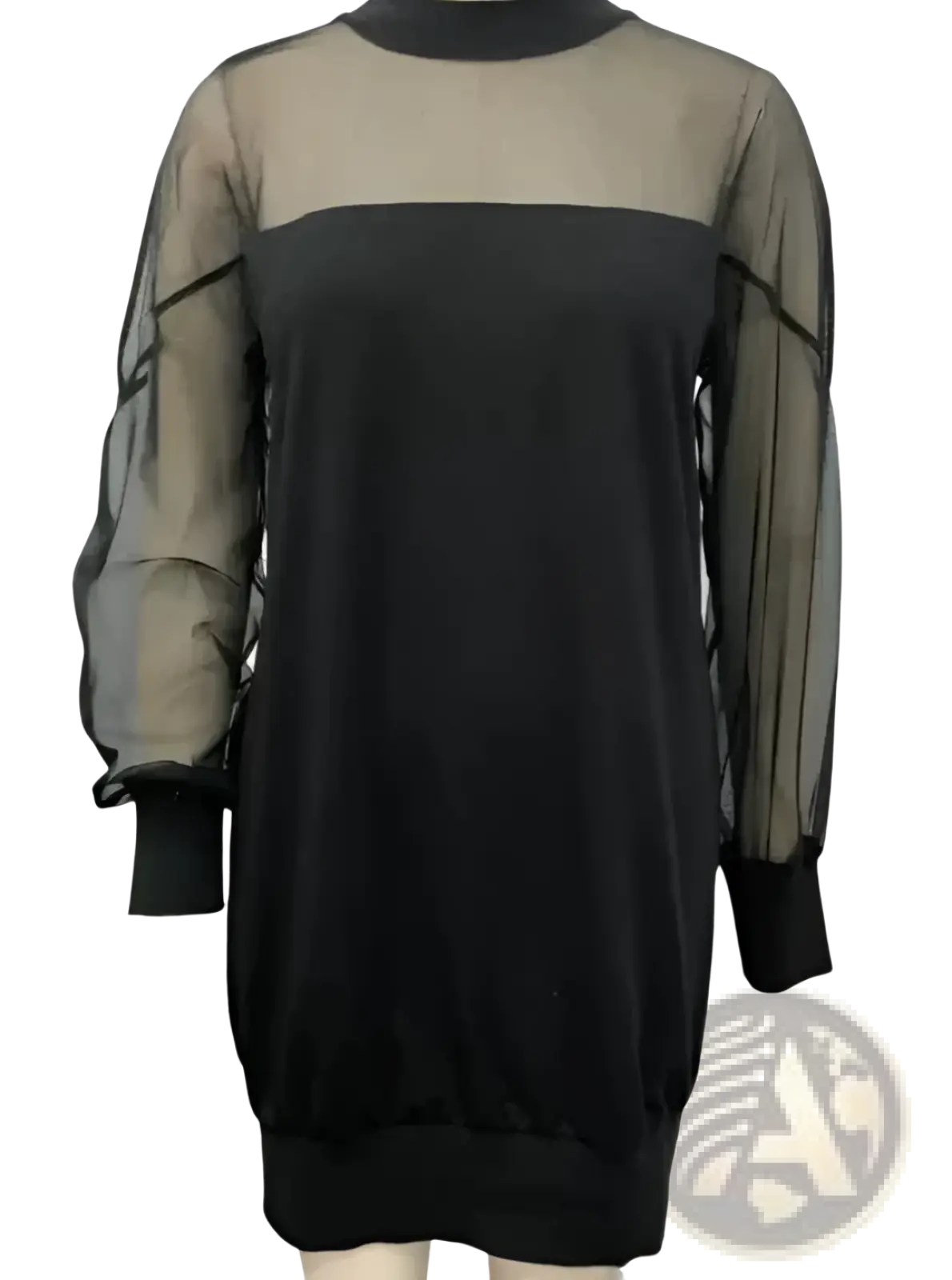 Elegant Black Mesh Patchwork Long Sleeve Mini Dress