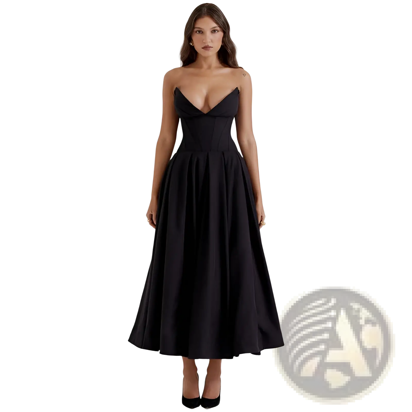Elegant Black Strapless Flared Midi Dress