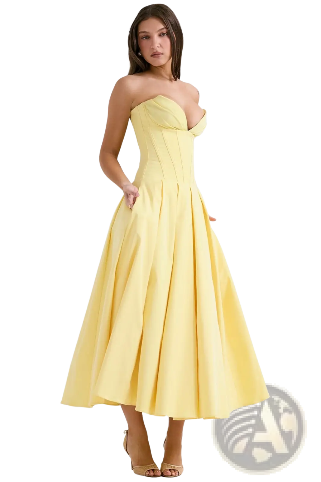 Elegant Black Strapless Flared Midi Dress