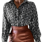 Elegant Black and White Patterned Satin Button Up Blouse