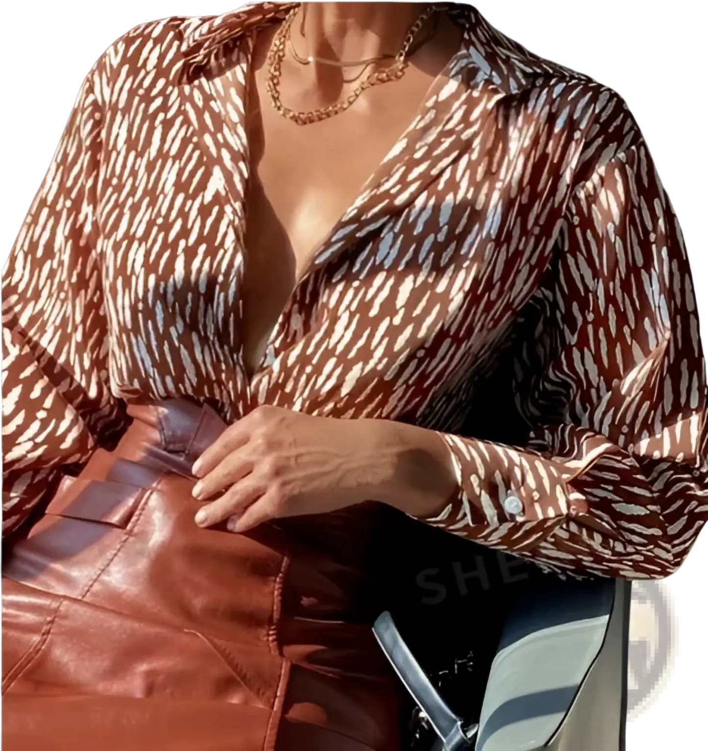 Elegant Black and White Patterned Satin Button Up Blouse
