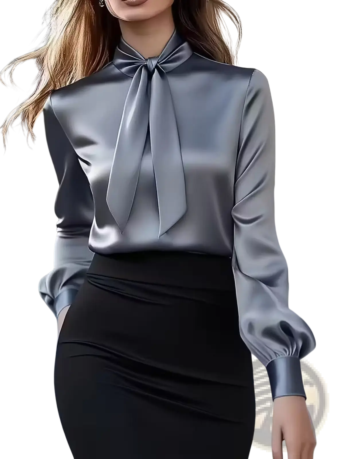 Elegant High Neck Satin Bow Blouse with Puff Sleeves