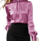 Elegant High Neck Satin Bow Blouse with Puff Sleeves