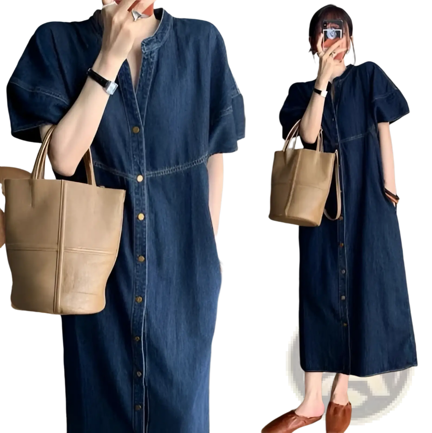 Elegant High Waist Button Down Denim Midi Dress