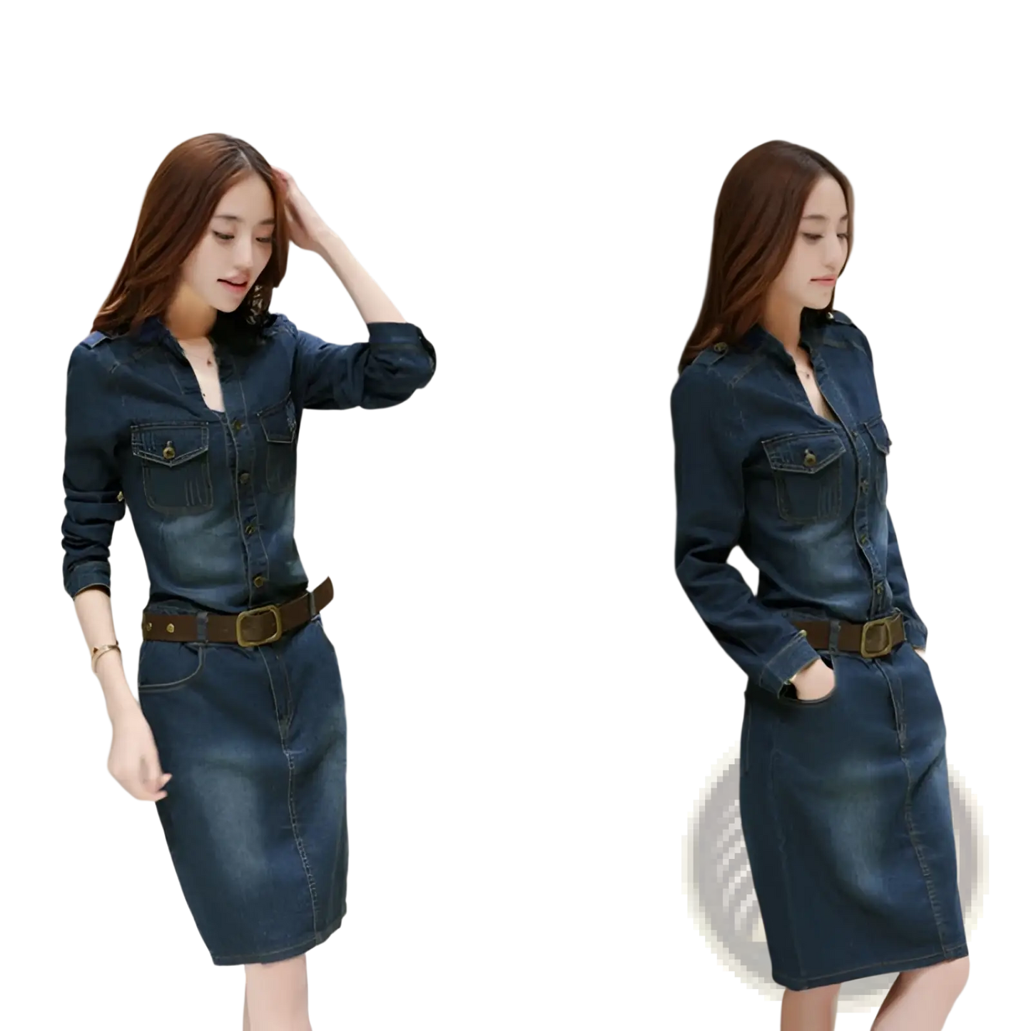 Elegant High Waist Button Down Denim Midi Dress