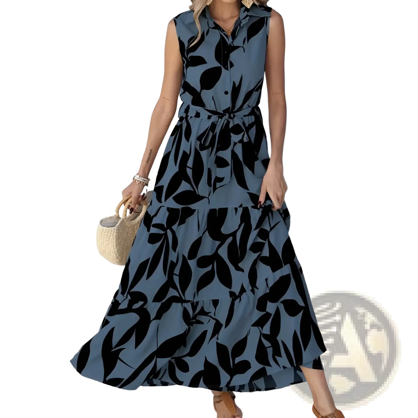 Elegant Leaf Print Sleeveless Tiered Maxi Dress