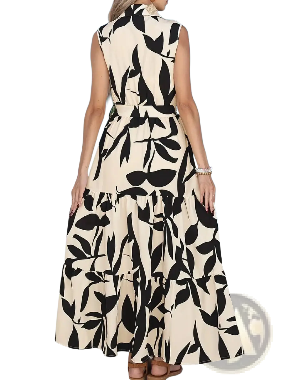 Elegant Leaf Print Sleeveless Tiered Maxi Dress