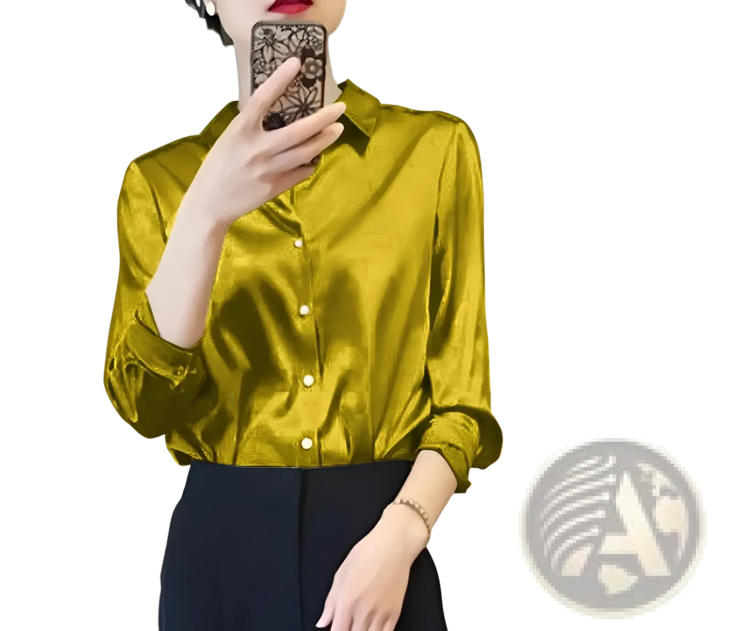 Elegant Long Sleeve Satin Button Down Silk Blouse