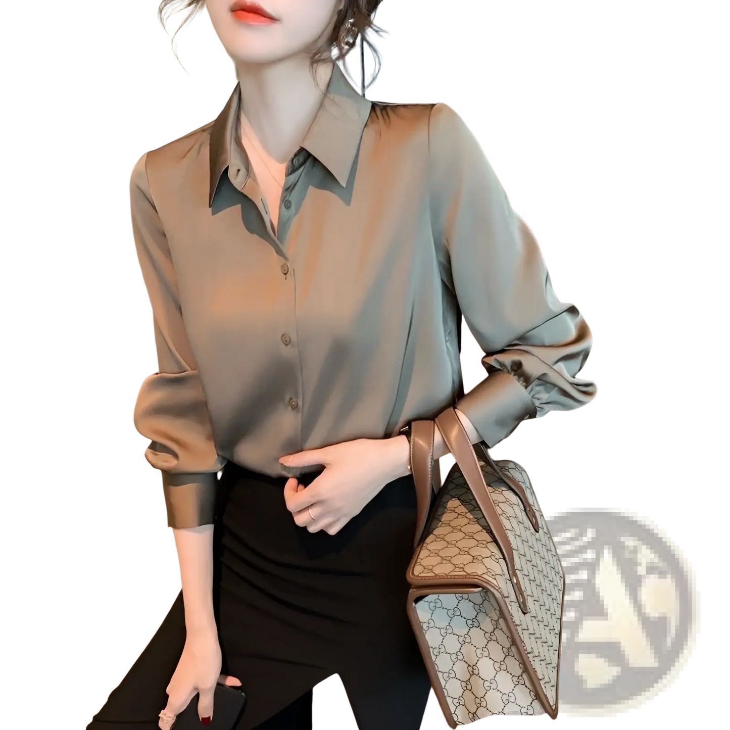 Elegant Long Sleeve Satin Button Down Silk Blouse