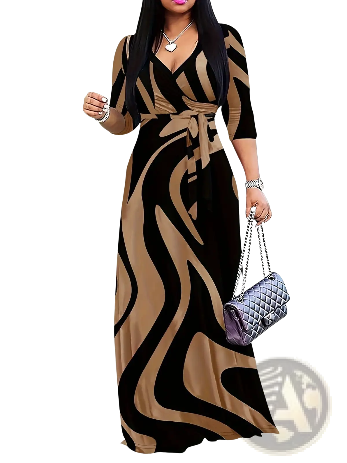 Elegant Printed Three Quarter Sleeve Maxi Dress