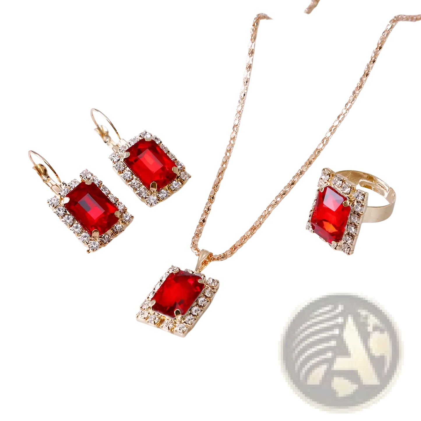 Elegant Rectangular Gemstone Gold Jewelry Three Piece Set