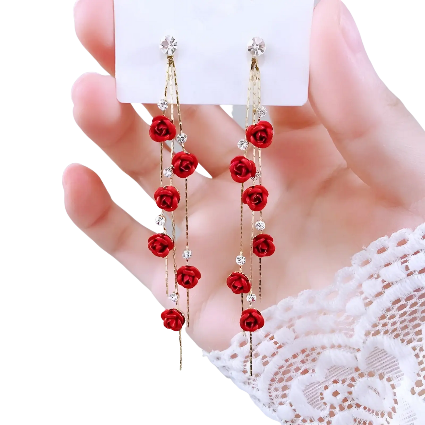 Elegant Rose Tassel Drop Earrings with Rhinestones and Pearls