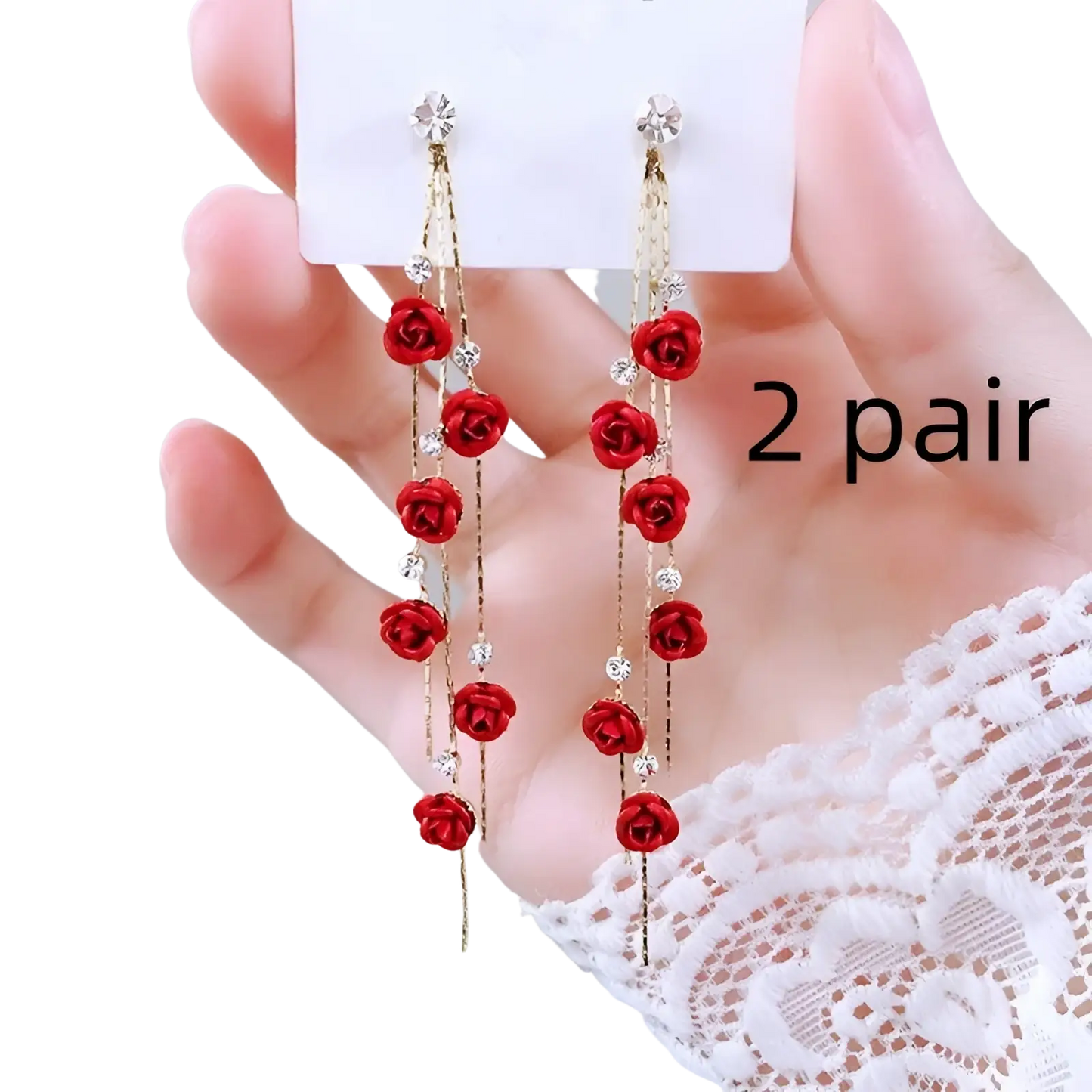 Elegant Rose Tassel Drop Earrings with Rhinestones and Pearls