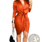 Elegant Satin v Neck Long Sleeve Ruched Midi Shirt Dress