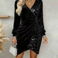 Gold Velvet Sequin v Neck Long Sleeve Wrap Dress
