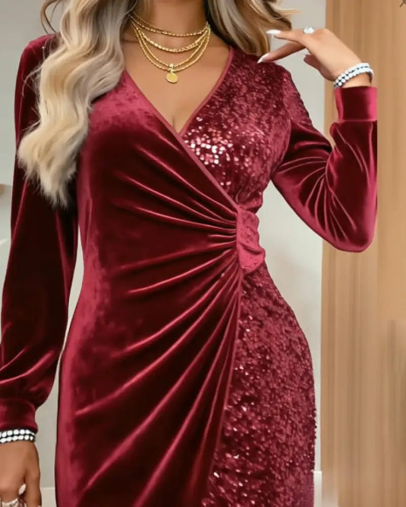 Gold Velvet Sequin v Neck Long Sleeve Wrap Dress