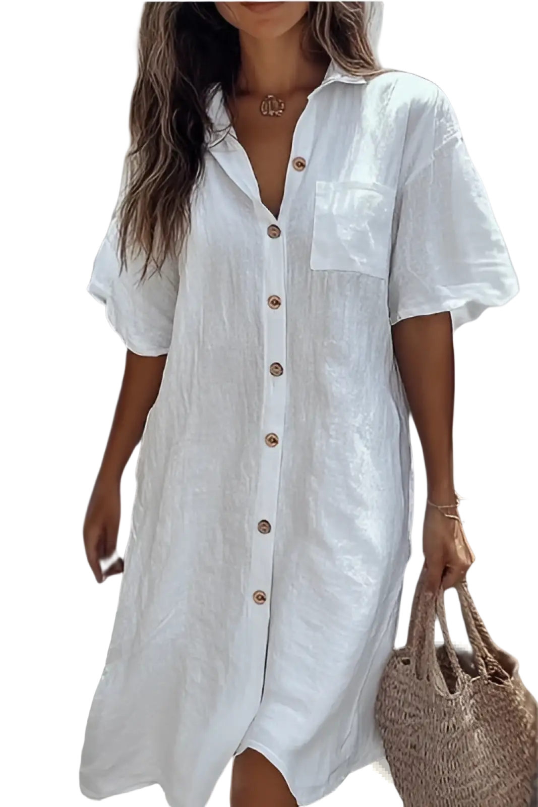 Elegant Short Sleeve Button Down Linen Shirt Dress