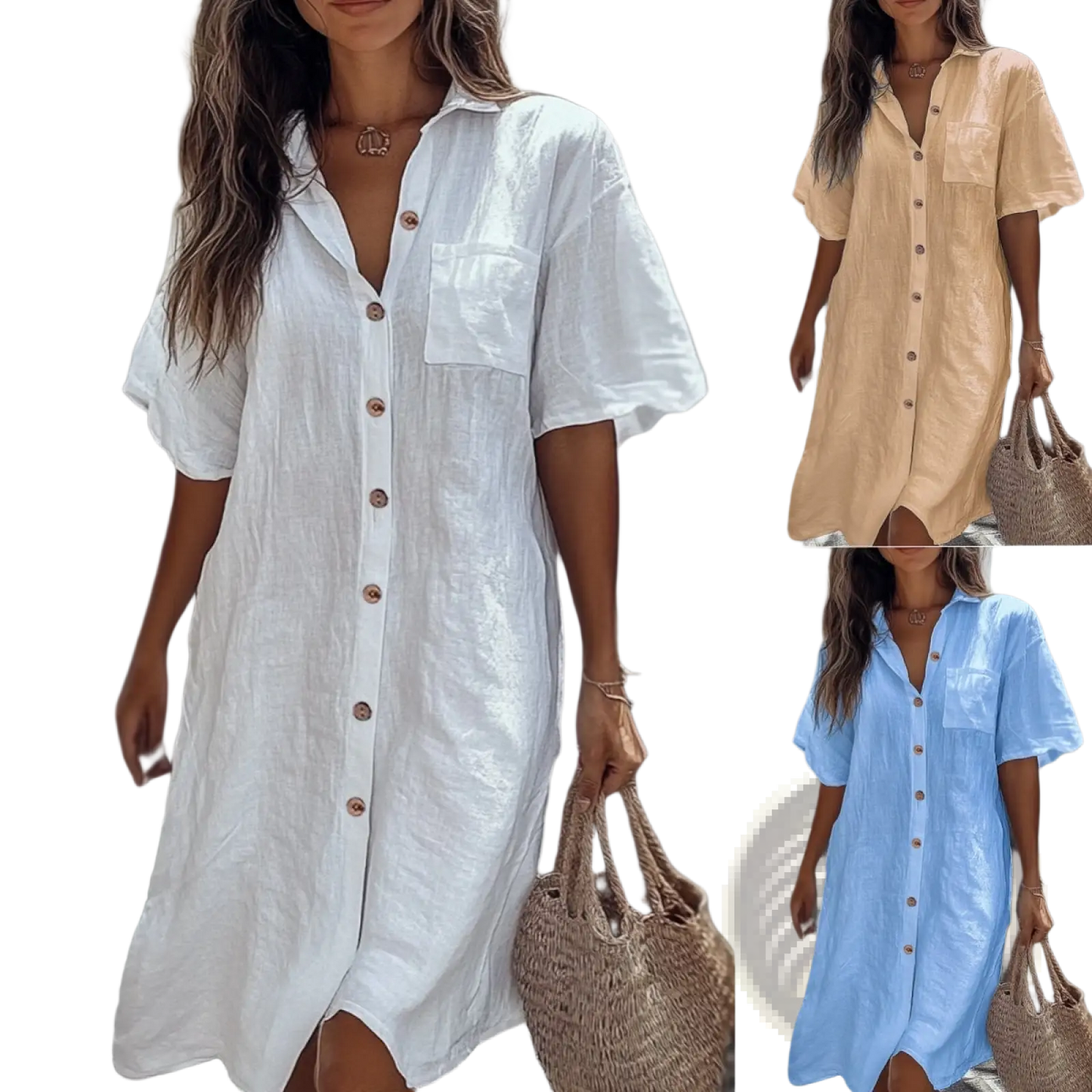 Elegant Short Sleeve Button Down Linen Shirt Dress
