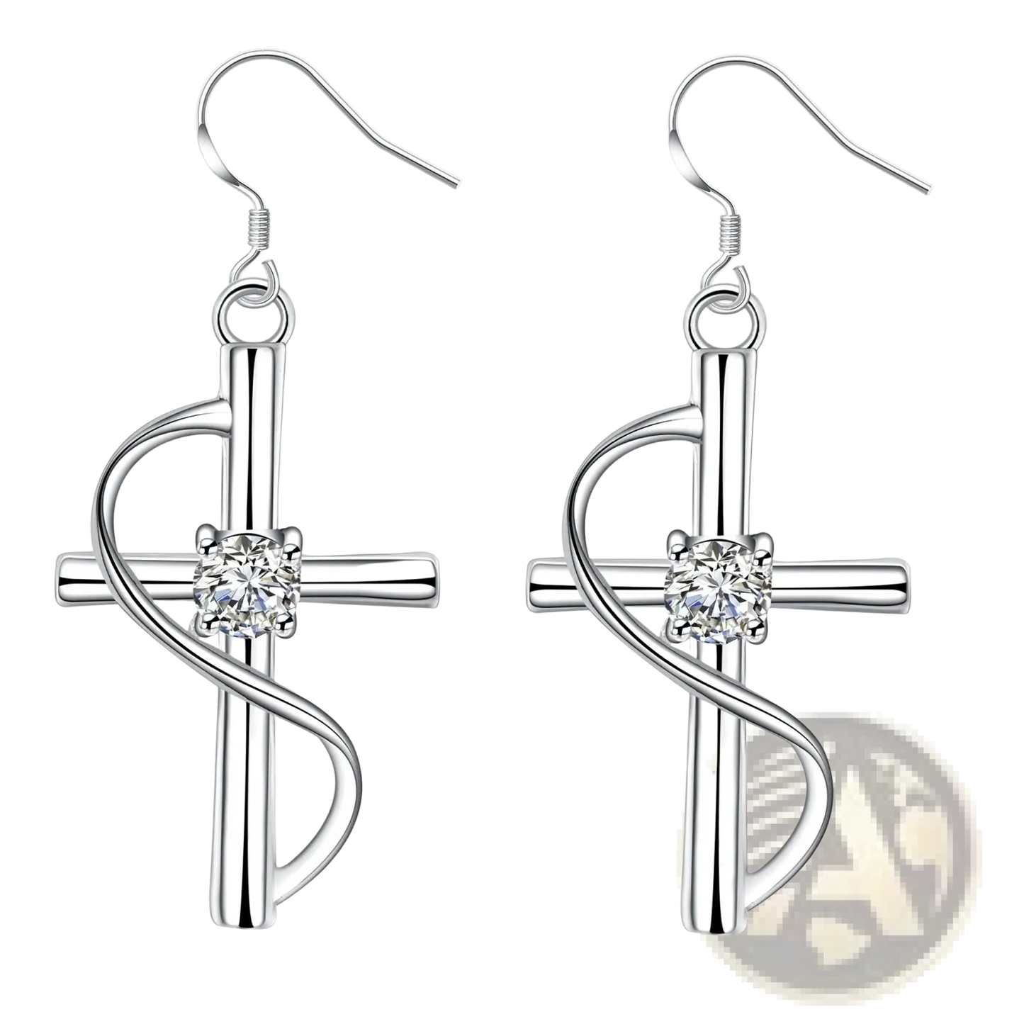 Elegant Silver Swirling Gemstone Cross Earrings