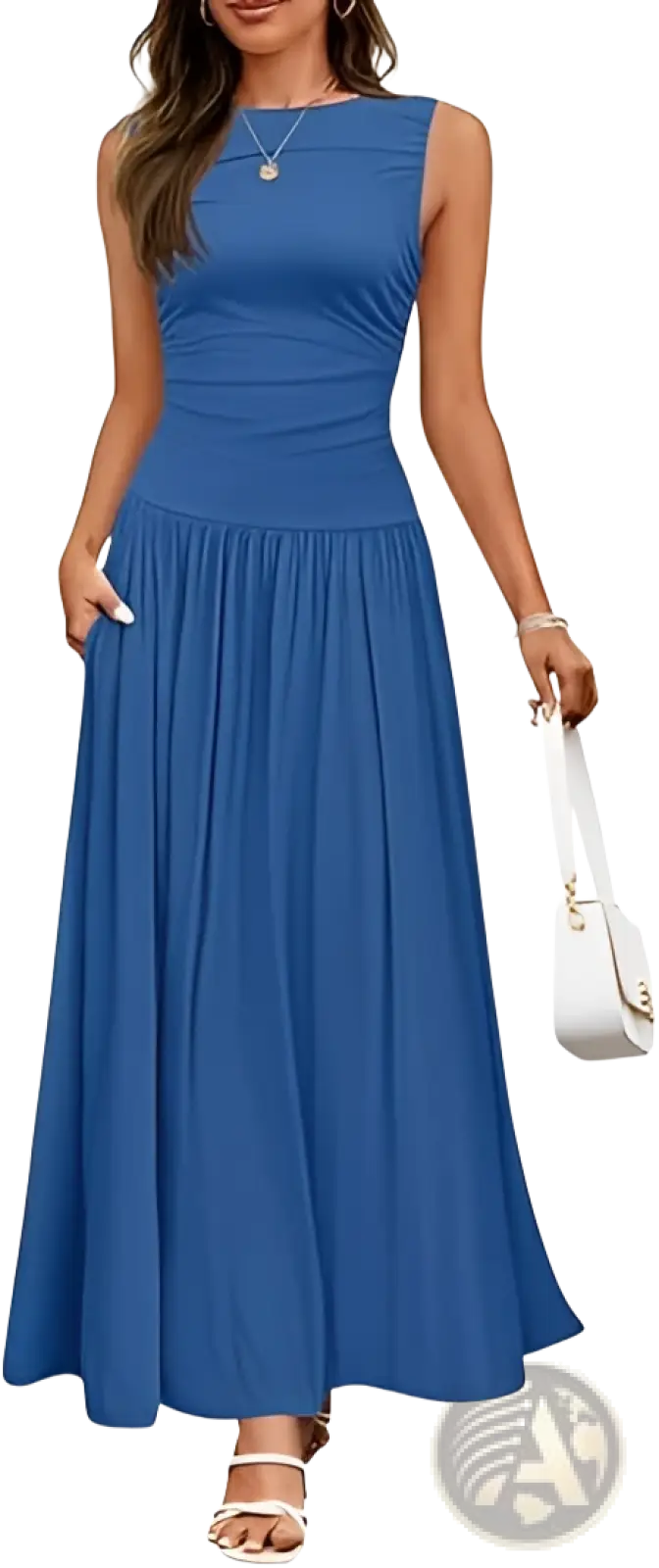 Elegant Sleeveless Pleated Maxi Dress with Pockets